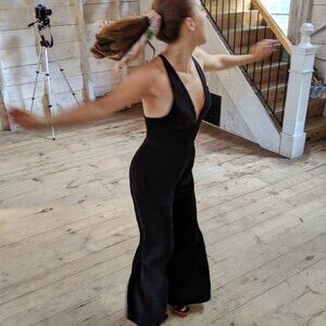 Black linen deep plunge wide-leg jumpsuit